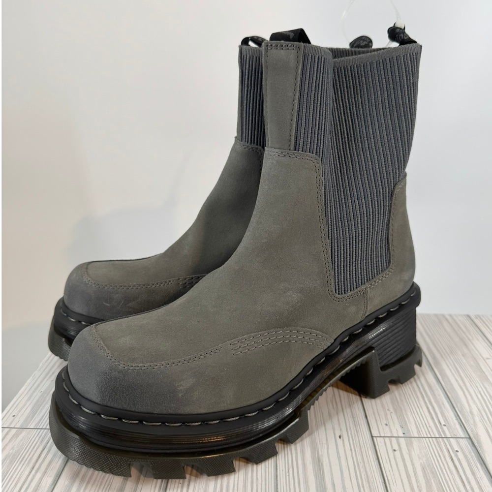 Dr.Martens Corran Chelsea Waxy Boots Grey Suede Heeled Platform Lug Sole Wmns 10
